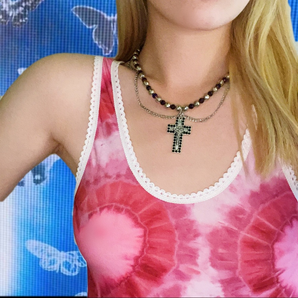 Handmade original design vintage style cross black diamond steel necklace